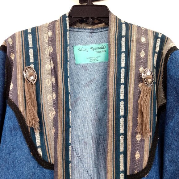 MARY REYNOLDS DESIGN Jacket M/L Blue Textured Denim Western Open Duster Tassel - Picture 2 of 15